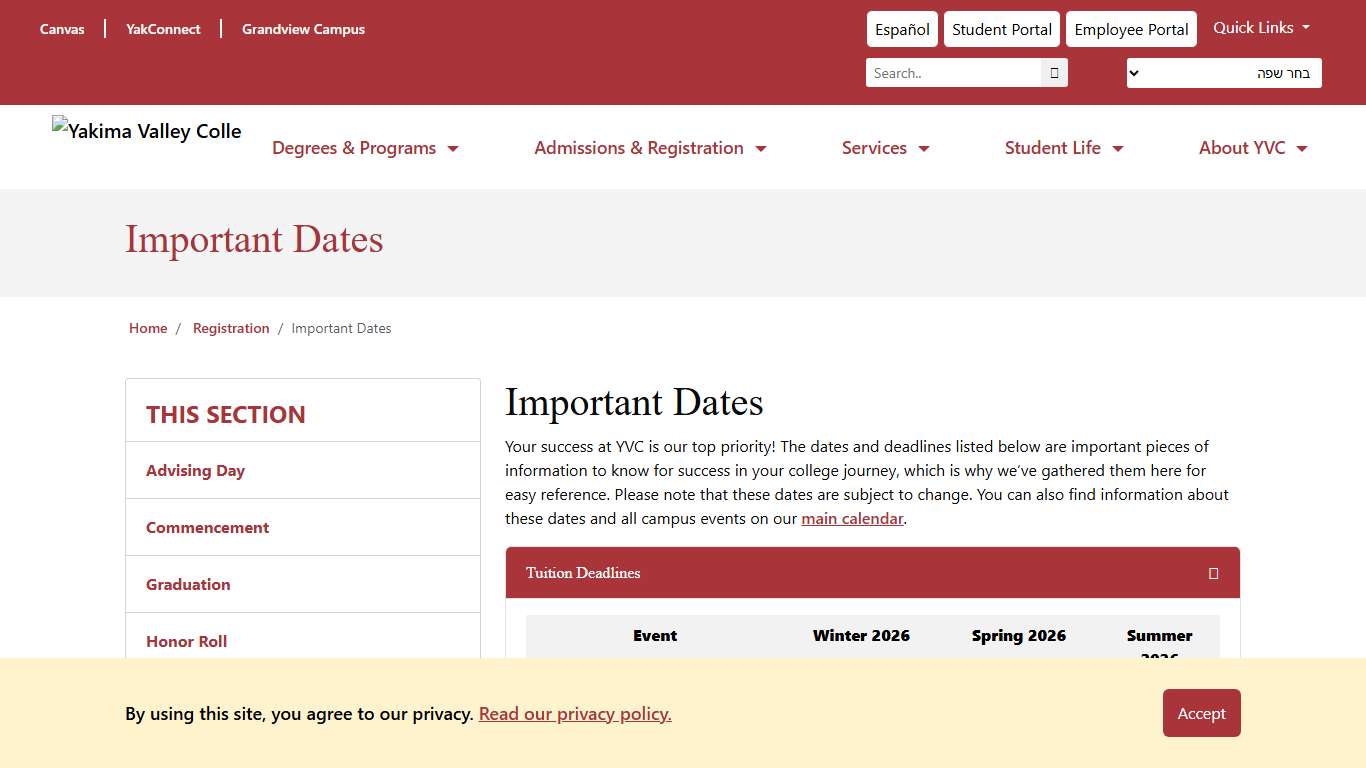 Important Dates & Deadlines YVC Yakima Valley College